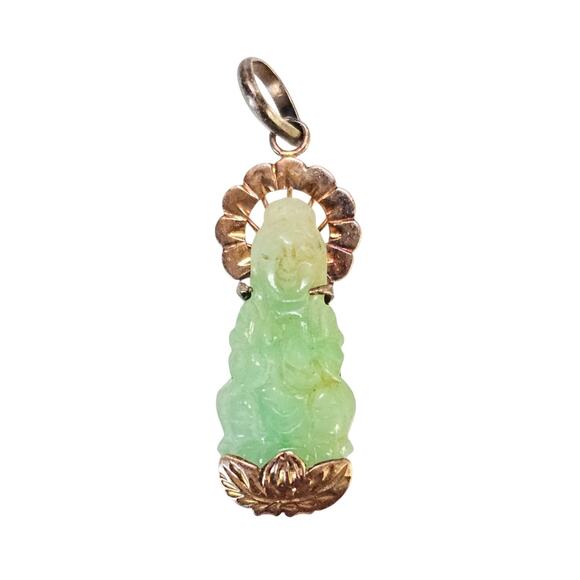 14K Gold Jadeite Jade Guanyin Pendant Lotus Base Vintage Design 1 3/8